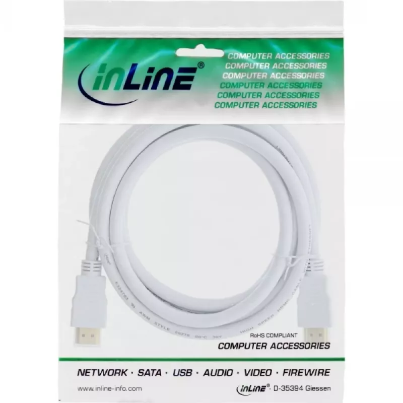 InLine High Speed HDMI kabelis ar Ethernet, M/M, balts, zelta kontakti, 2m