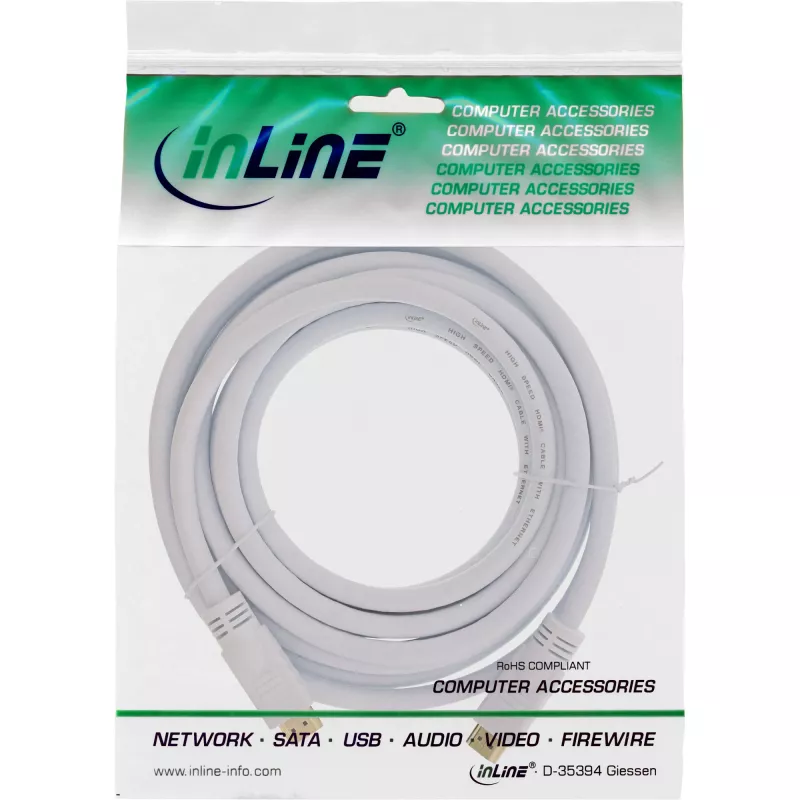 InLine High Speed HDMI kabelis ar Ethernet, M/M, balts, zeltīti kontakti, 7,5 m