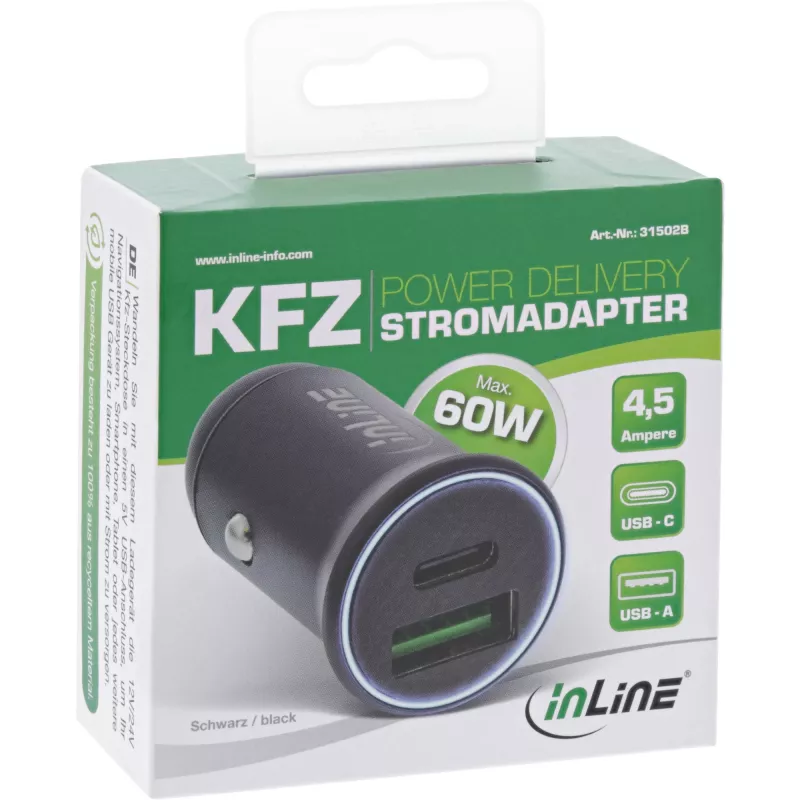 InLine USB auto lādētāja barošanas adapteris ar Power Delivery, USB-A + USB-C, melns