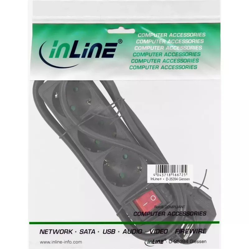 InLine kontaktligzdu bloks, 3 vietīgs ar aizsargkontaktu CEE 7/3, melns, 1,5 m