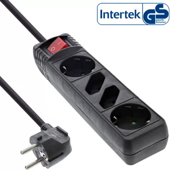 InLine kontaktligzdu sadalītājs, 4-virzienu, 2x CEE7/3 + 2x Euro CEE 7/16, melns, 3 m