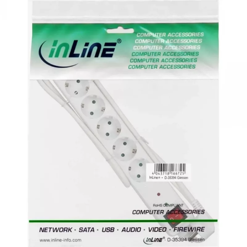 InLine kontaktligzdu bloks CEE 7/3, 6 vietas, pārsprieguma aizsardzība, slēdzis, balts