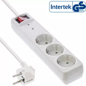 InLine Kontaktligzdu sloksne CEE 7/3, 3-vietīga, pārsprieguma aizsardzība, slēdzis, balta