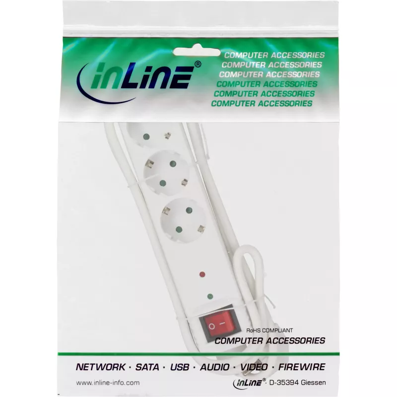 InLine Kontaktligzdu sloksne CEE 7/3, 3-vietīga, pārsprieguma aizsardzība, slēdzis, balta
