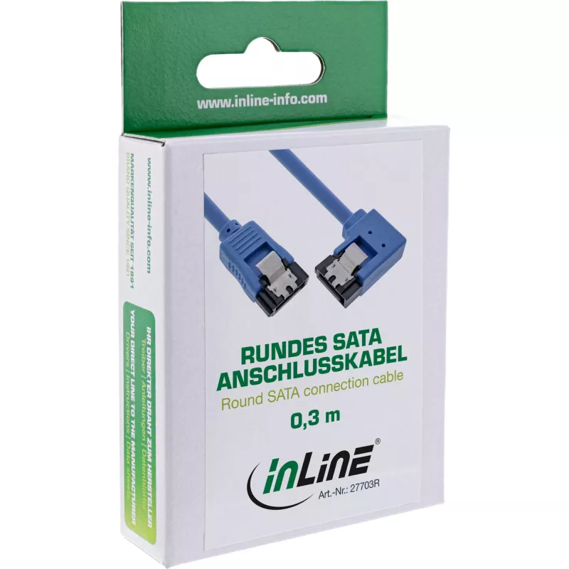 InLine SATA 6Gb/s apaļais kabelis, viens gals ar 90° leņķi, ar fiksatoriem, 0,3 m
