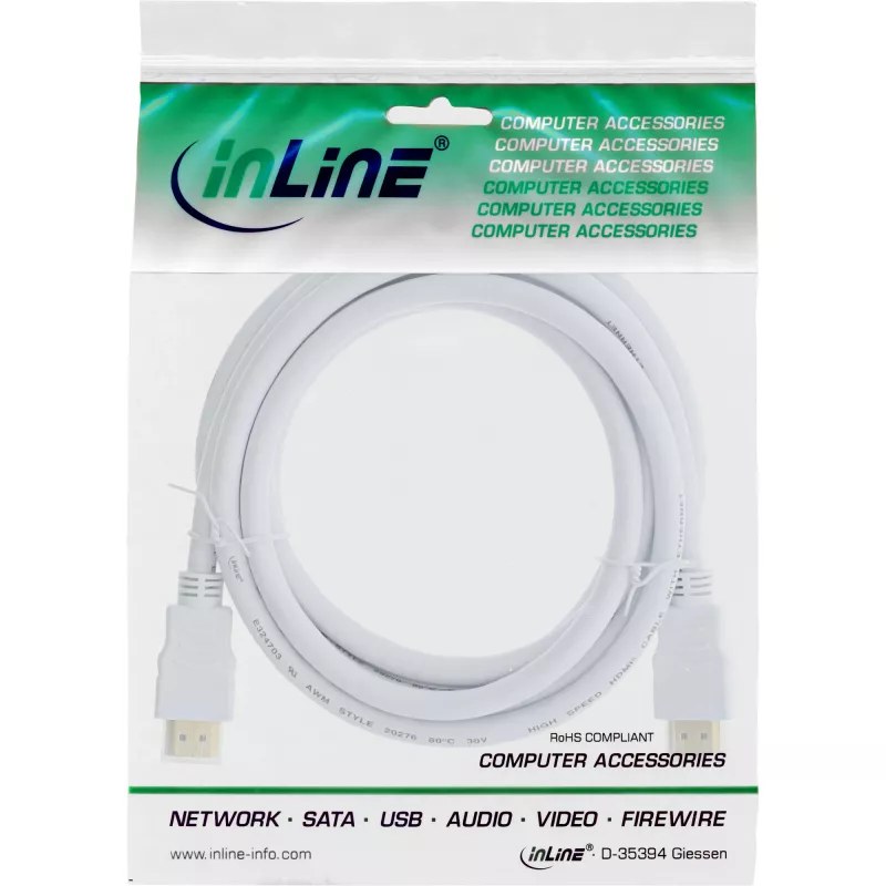 InLine High Speed HDMI kabelis ar Ethernet, M/M, balts, zeltīti kontakti, 3m