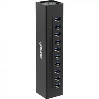 InLine USB 3.0 10 Portu centrmezgls, alumīnija korpuss, ar 4A barošanas bloku, melns