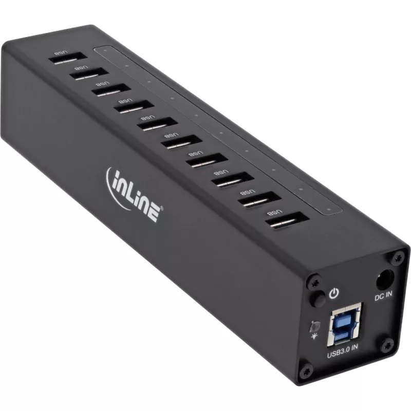 InLine USB 3.0 10 Portu centrmezgls, alumīnija korpuss, ar 4A barošanas bloku, melns