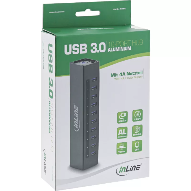 InLine USB 3.0 10 Portu centrmezgls, alumīnija korpuss, ar 4A barošanas bloku, melns
