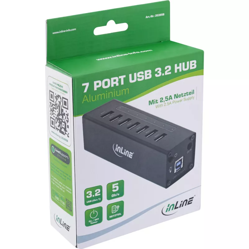 InLine USB 3.0 centrmezgls, 7 porti, alumīnija korpuss, ar 2,5 A barošanas bloku