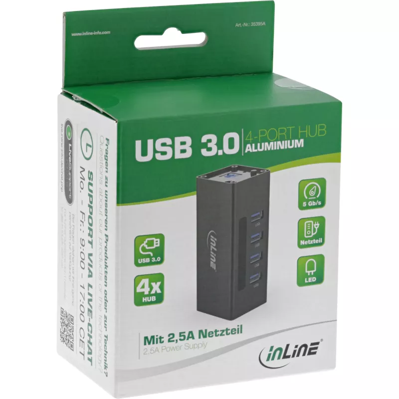 InLine USB 3.0 centrmezgls, 4 porti, alumīnija korpuss, ar 2,5 A barošanas bloku