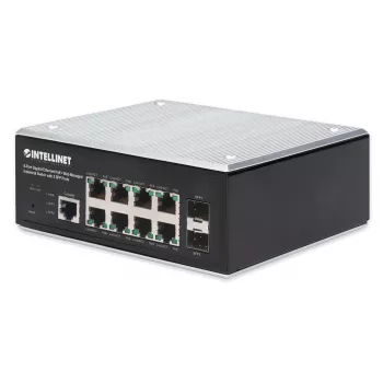 Intellinet Industrial 8-Port Gigabit Ethernet PoE+ Layer 2+ Web-Managed Switch ar 2 SFP portiem, atbilst IEEE 802.3at/af (PoE+/PoE), PoE jaudas budžets līdz 240 W, Layer 2+/Layer 3 Lite, IP30 metāla korpuss, pašatjaunojošs tīkls, Endspan, DIN-sliedes stip