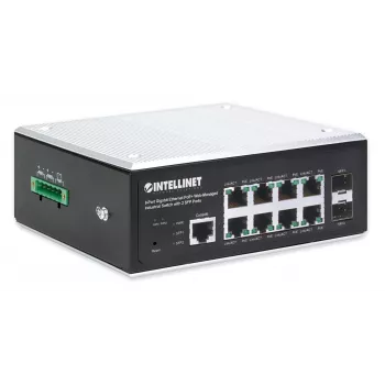 Intellinet Industrial 8-Port Gigabit Ethernet PoE+ Layer 2+ Web-Managed Switch ar 2 SFP portiem, atbilst IEEE 802.3at/af (PoE+/PoE), PoE jaudas budžets līdz 240 W, Layer 2+/Layer 3 Lite, IP30 metāla korpuss, pašatjaunojošs tīkls, Endspan, DIN-sliedes stip