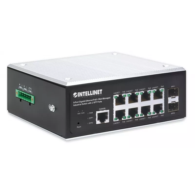 Intellinet Industrial 8-Port Gigabit Ethernet PoE+ Layer 2+ Web-Managed Switch ar 2 SFP portiem, atbilst IEEE 802.3at/af (PoE+/PoE), PoE jaudas budžets līdz 240 W, Layer 2+/Layer 3 Lite, IP30 metāla korpuss, pašatjaunojošs tīkls, Endspan, DIN-sliedes stip