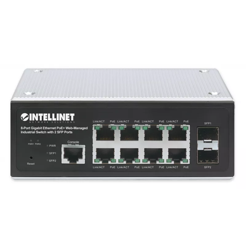 Intellinet Industrial 8-Port Gigabit Ethernet PoE+ Layer 2+ Web-Managed Switch ar 2 SFP portiem, atbilst IEEE 802.3at/af (PoE+/PoE), PoE jaudas budžets līdz 240 W, Layer 2+/Layer 3 Lite, IP30 metāla korpuss, pašatjaunojošs tīkls, Endspan, DIN-sliedes stip