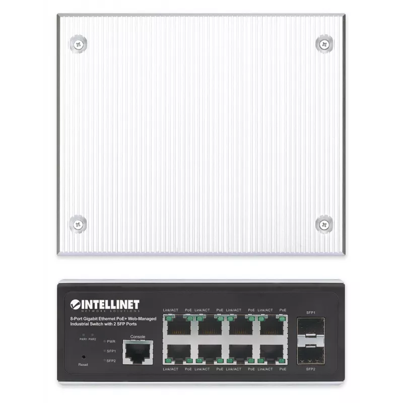 Intellinet Industrial 8-Port Gigabit Ethernet PoE+ Layer 2+ Web-Managed Switch ar 2 SFP portiem, atbilst IEEE 802.3at/af (PoE+/PoE), PoE jaudas budžets līdz 240 W, Layer 2+/Layer 3 Lite, IP30 metāla korpuss, pašatjaunojošs tīkls, Endspan, DIN-sliedes stip