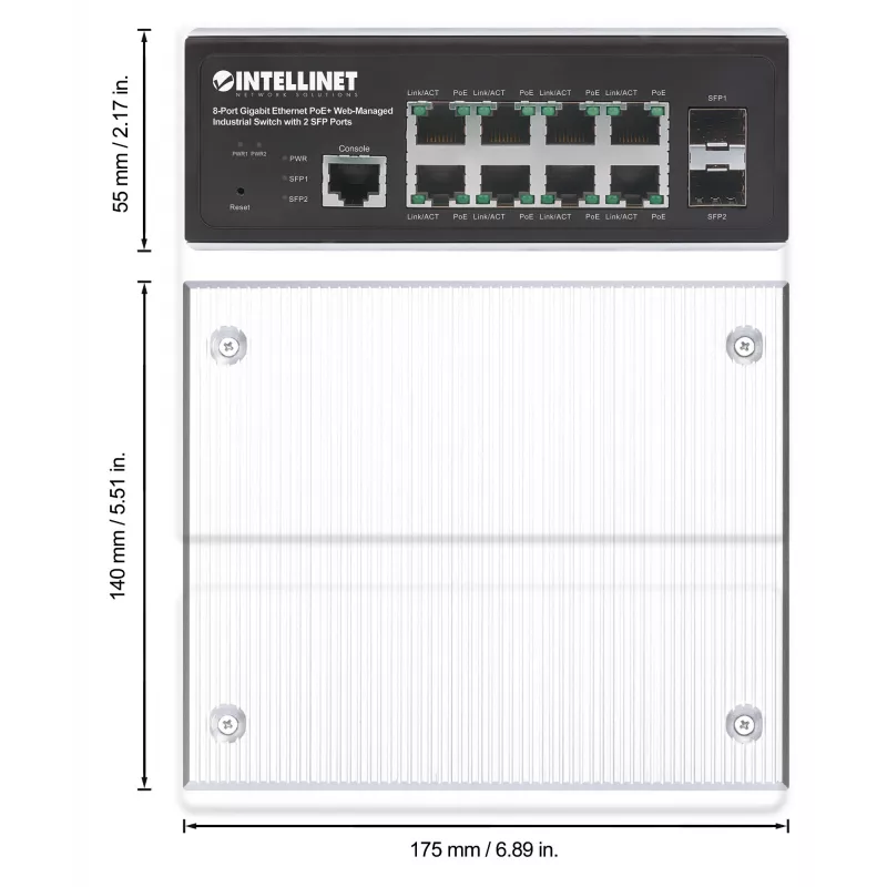 Intellinet Industrial 8-Port Gigabit Ethernet PoE+ Layer 2+ Web-Managed Switch ar 2 SFP portiem, atbilst IEEE 802.3at/af (PoE+/PoE), PoE jaudas budžets līdz 240 W, Layer 2+/Layer 3 Lite, IP30 metāla korpuss, pašatjaunojošs tīkls, Endspan, DIN-sliedes stip