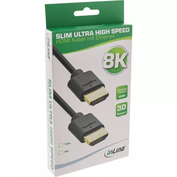InLine Slim Ultra High Speed HDMI kabelis M/M 8K4K ar zeltītiem kontaktiem, melns, 1,5 m