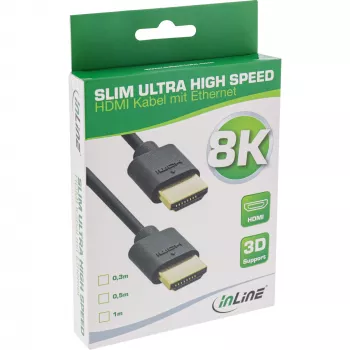 InLine Slim Ultra High Speed HDMI kabelis M/M 8K4K ar zeltītiem kontaktiem melns 0,3 m