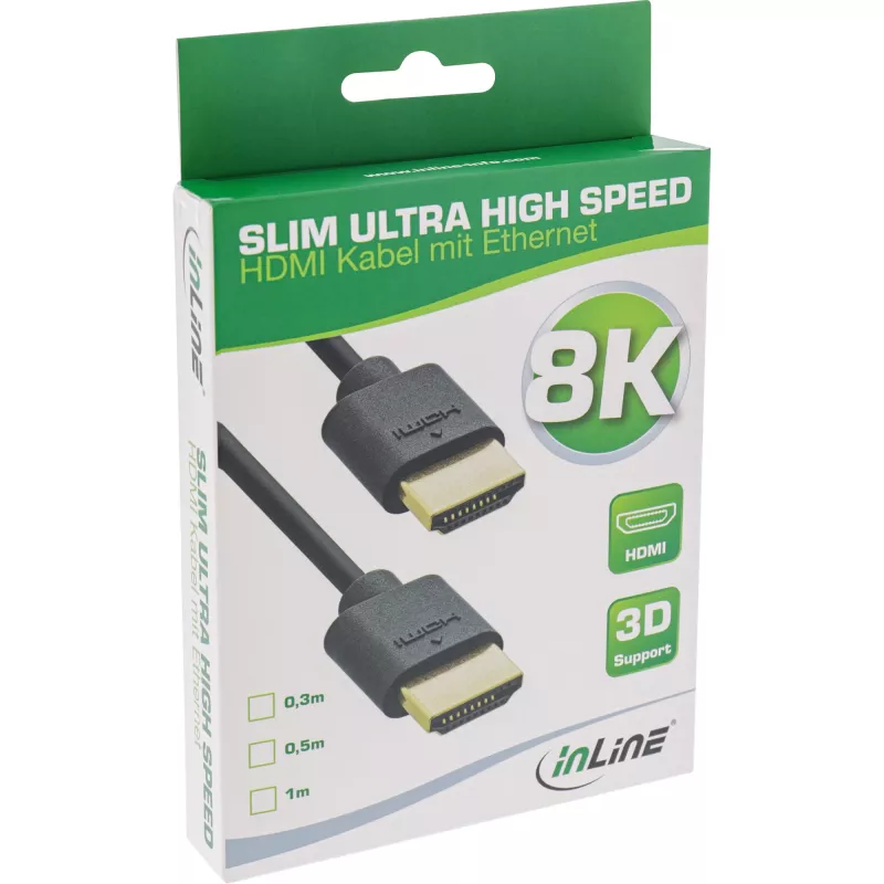 InLine Slim Ultra High Speed HDMI kabelis M/M 8K4K apzeltīts melns 0,5m