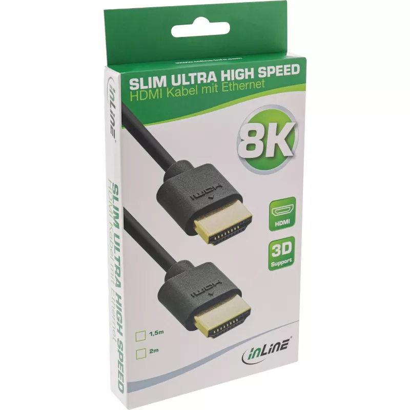 InLine Slim Ultra High Speed HDMI kabelis M/M 8K4K zeltīts melns 2m