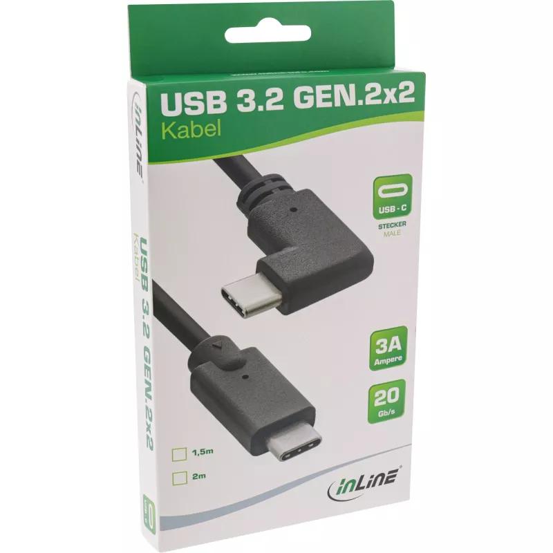 InLine USB 3.2 Gen.2 kabelis, USB-C vīr./vīr. leņķveida, melns, 1,5 m