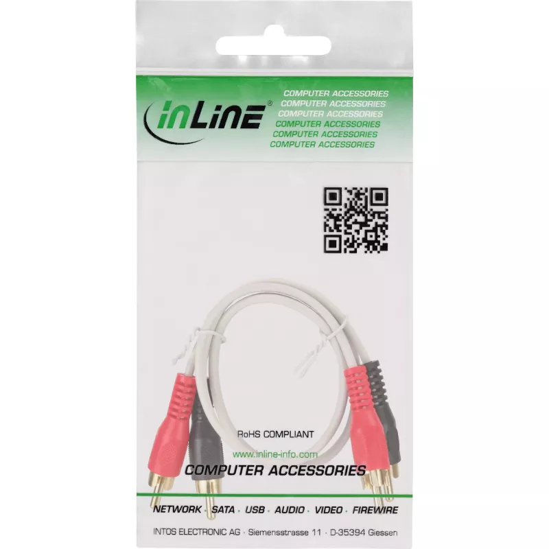 InLine RCA kabelis 2x RCA vīrišķais / vīrišķais, apzeltīts, 0,5 m, vīrišķais, 2 x RCA, vīrišķais, 0,5 m, balts