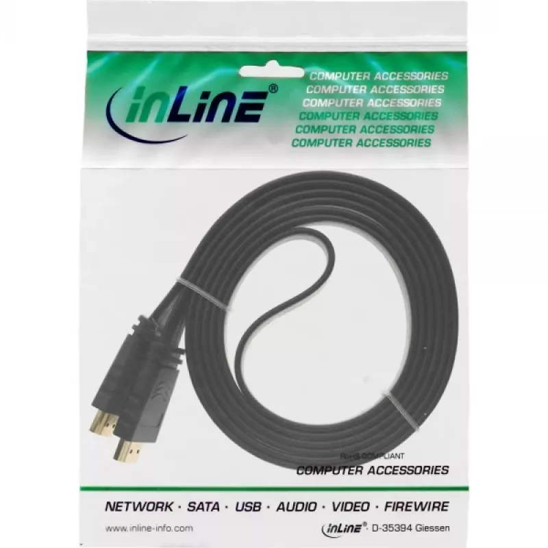InLine HDMI plakanais kabelis, ātrgaitas kabelis ar Ethernet, zelta kontakti, melns, 2 m