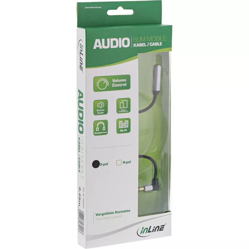 InLine plāns Audio kabelis 3,5 mm vīr. leņķveida / siev., ar skaļuma regulētāju 0,25 m