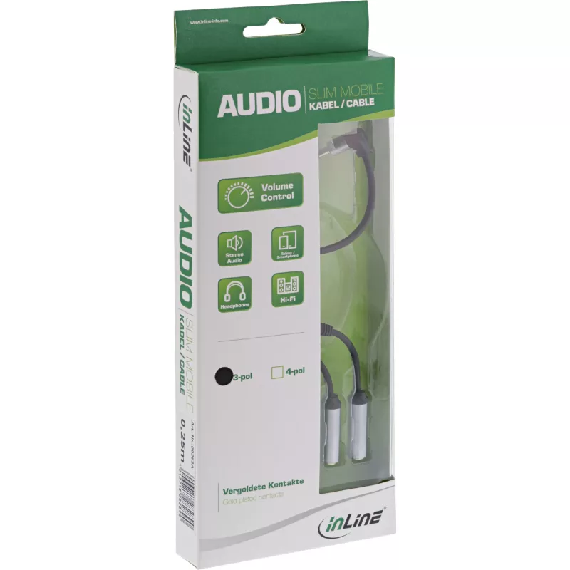 InLine plāns Audio Y kabelis 3,5 mm vīr. / 2x ligz., ar skaļuma regulēšanu 0,25 m
