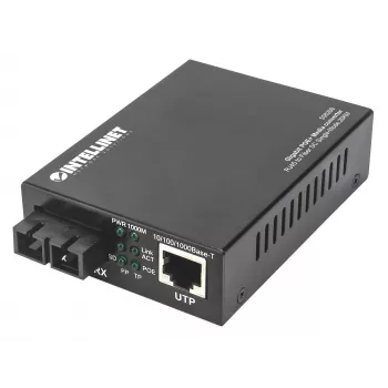Intellinet Gigabit PoE+ multivides pārveidotājs, 1000Base-T RJ45 pieslēgvieta uz 1000Base-LX (SC) vienmoda šķiedru, 20 km, PoE+ inžektors