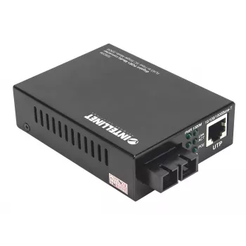 Intellinet Gigabit PoE+ multivides pārveidotājs, 1000Base-T RJ45 pieslēgvieta uz 1000Base-LX (SC) vienmoda šķiedru, 20 km, PoE+ inžektors