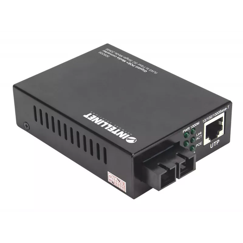 Intellinet Gigabit PoE+ multivides pārveidotājs, 1000Base-T RJ45 pieslēgvieta uz 1000Base-LX (SC) vienmoda šķiedru, 20 km, PoE+ inžektors