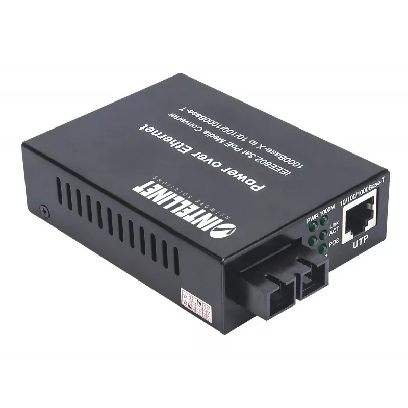 Intellinet Gigabit PoE+ multivides pārveidotājs, 1000Base-T RJ45 pieslēgvieta uz 1000Base-LX (SC) vienmoda šķiedru, 20 km, PoE+ inžektors