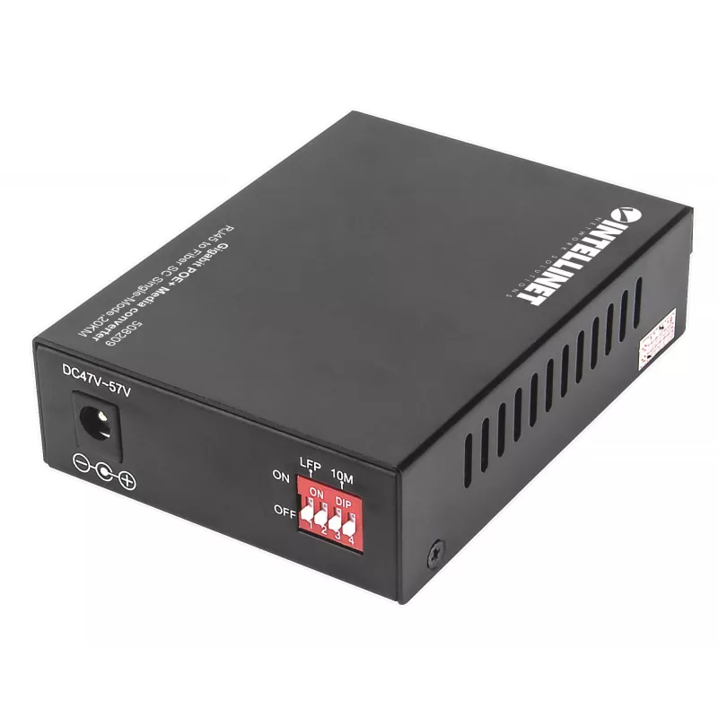 Intellinet Gigabit PoE+ multivides pārveidotājs, 1000Base-T RJ45 pieslēgvieta uz 1000Base-LX (SC) vienmoda šķiedru, 20 km, PoE+ inžektors