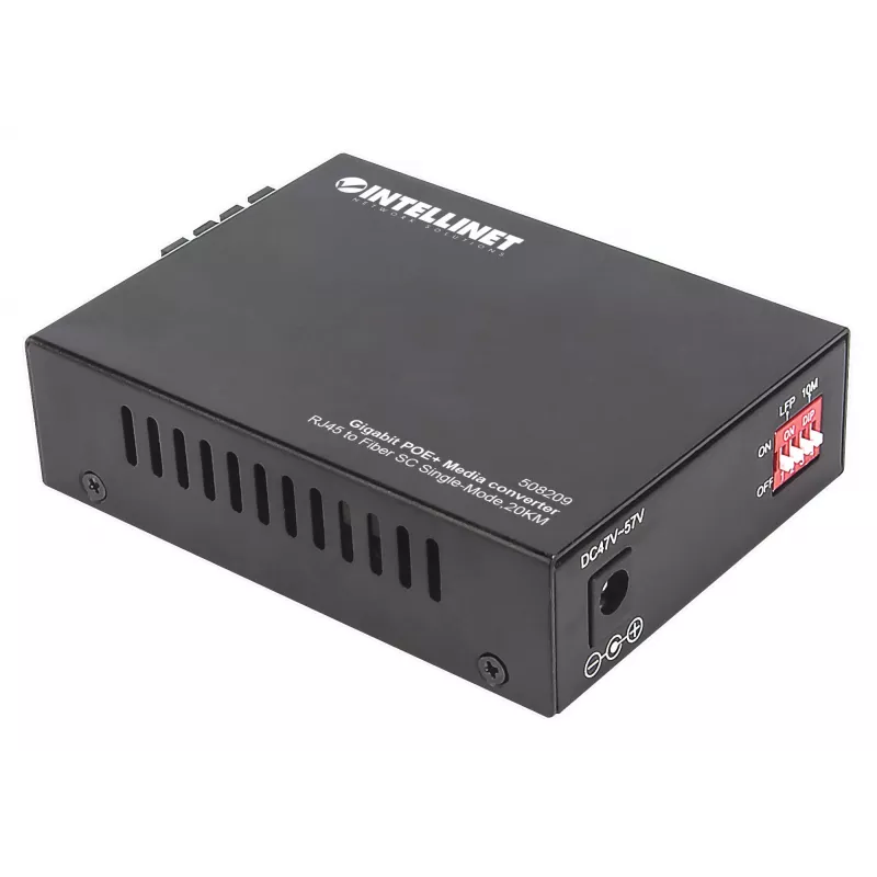 Intellinet Gigabit PoE+ multivides pārveidotājs, 1000Base-T RJ45 pieslēgvieta uz 1000Base-LX (SC) vienmoda šķiedru, 20 km, PoE+ inžektors