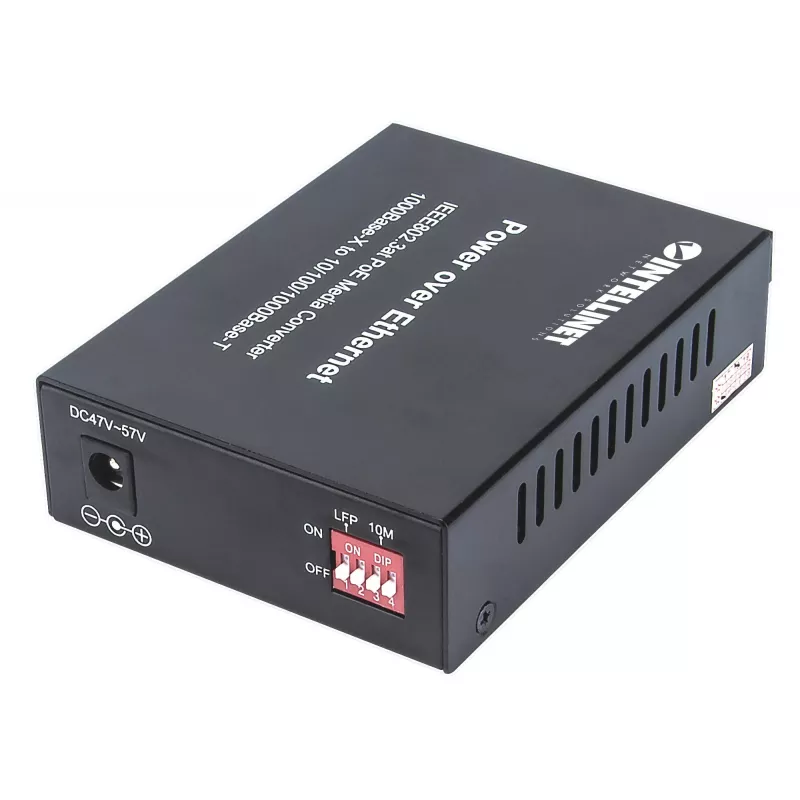 Intellinet Gigabit PoE+ multivides pārveidotājs, 1000Base-T RJ45 pieslēgvieta uz 1000Base-LX (SC) vienmoda šķiedru, 20 km, PoE+ inžektors