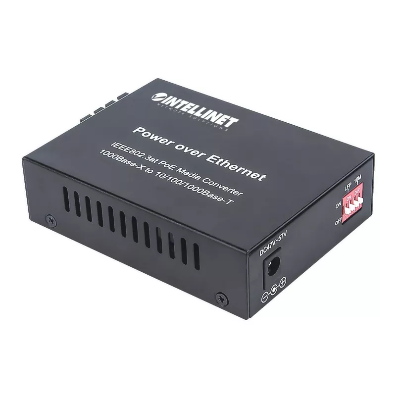 Intellinet Gigabit PoE+ multivides pārveidotājs, 1000Base-T RJ45 pieslēgvieta uz 1000Base-LX (SC) vienmoda šķiedru, 20 km, PoE+ inžektors