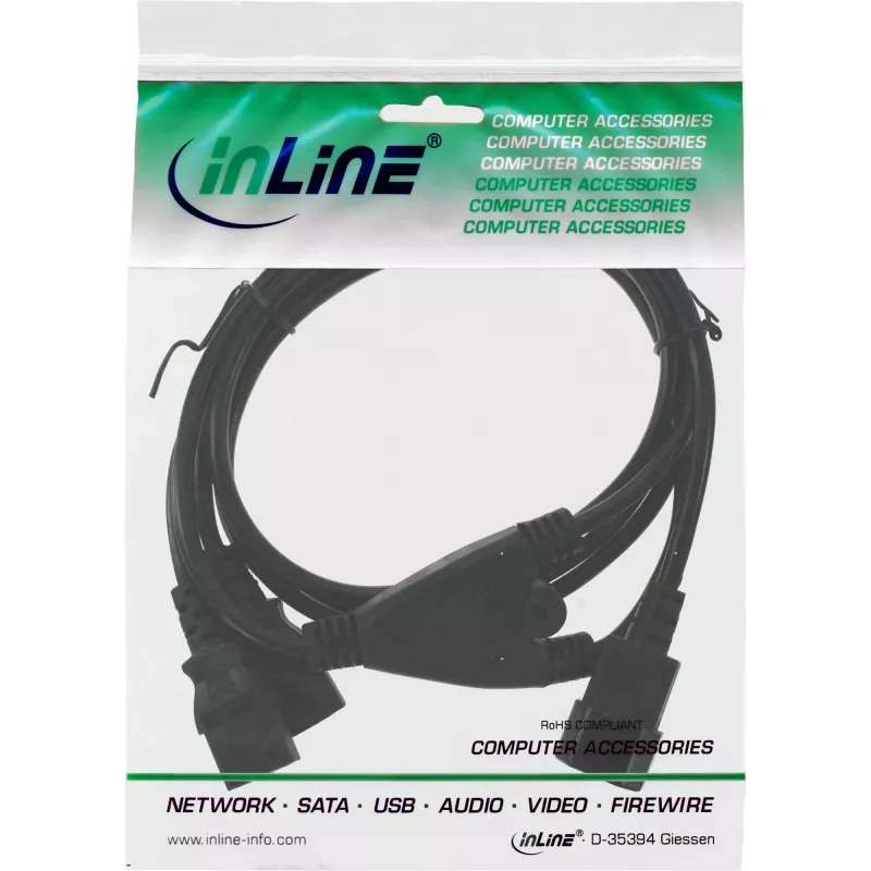 InLine strāvas Y-kabelis Vācu tipa F, 1x IEC-C14 uz 2x IEC-C13, 3m