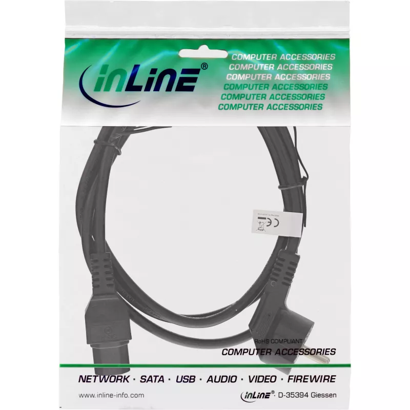 InLine strāvas kabelis, CEE7/7 leņķveida uz C15 taisns, 3 x 1mm², melns, 2m