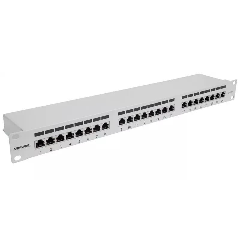 Intellinet ielāpu panelis, Cat6a, FTP, 24 portu, 1U, ekranēts, 90° augšējās ievades savienošanas bloki, pelēks