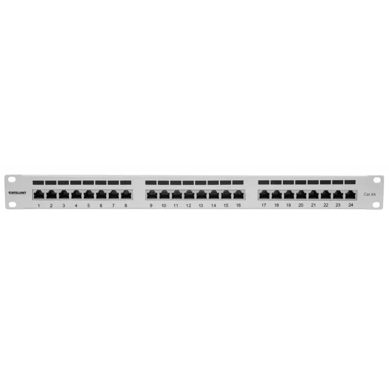 Intellinet ielāpu panelis, Cat6a, FTP, 24 portu, 1U, ekranēts, 90° augšējās ievades savienošanas bloki, pelēks