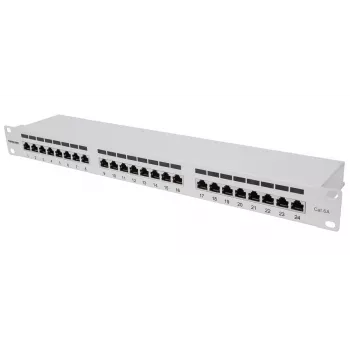 Intellinet ielāpu panelis, Cat6a, FTP, 24 portu, 1U, ekranēts, 90° augšējās ievades savienošanas bloki, pelēks