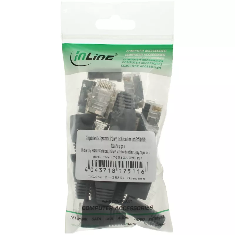 InLine Crimp Connector RJ45 8P8C shielded with threader and bend protection pelēka