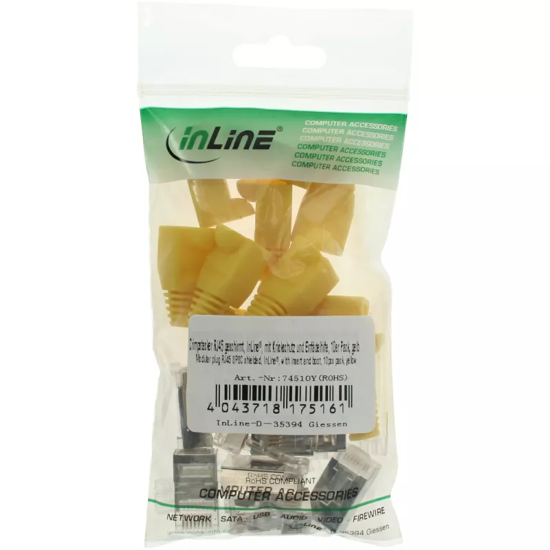InLine Crimp Connector RJ45 8P8C shielded w. threader+bend protection, dzeltena
