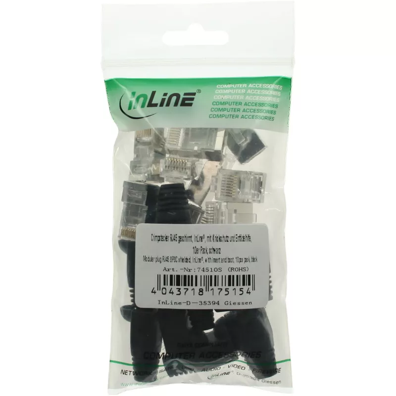 InLine Crimp Connector RJ45 8P8C shielded w. threader+bend protection, Melns