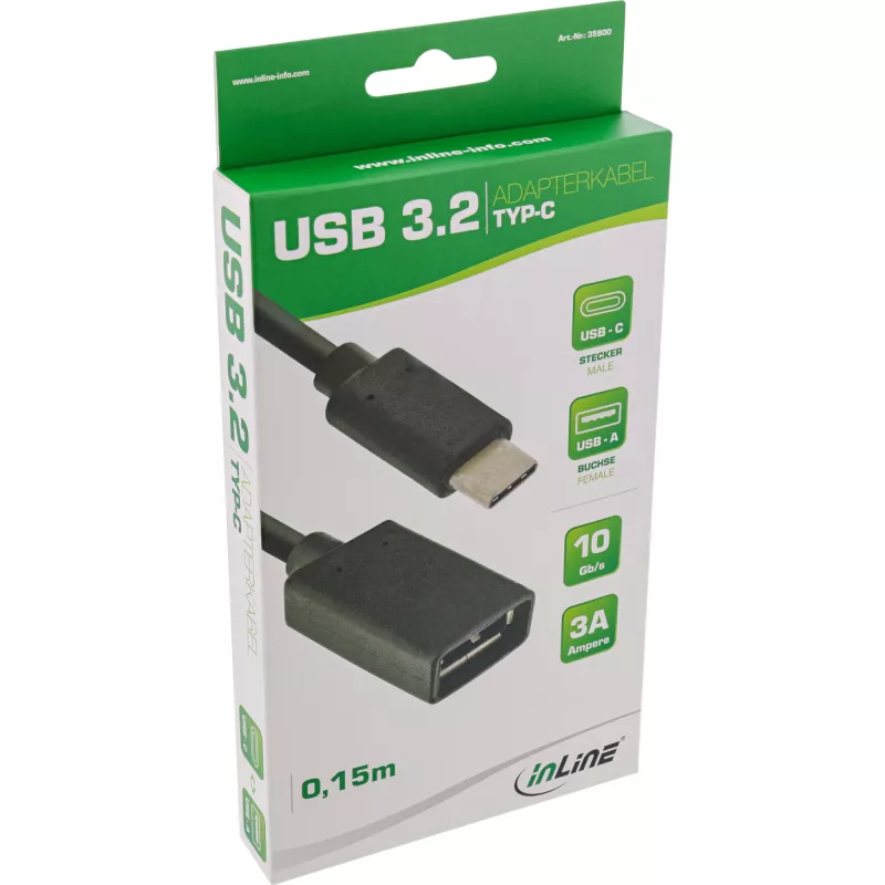 InLine USB 3.2 Gen.1x2 adaptera kabelis, USB-C vīrišķais / A ligzda, melns, 0,15 m