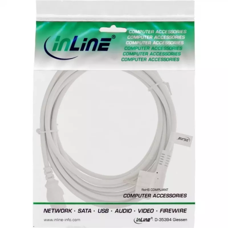 InLine strāvas kabelis, CEE 7/7 leņķveida / 3-pin IEC C13 vīrišķais, balts, 5 m