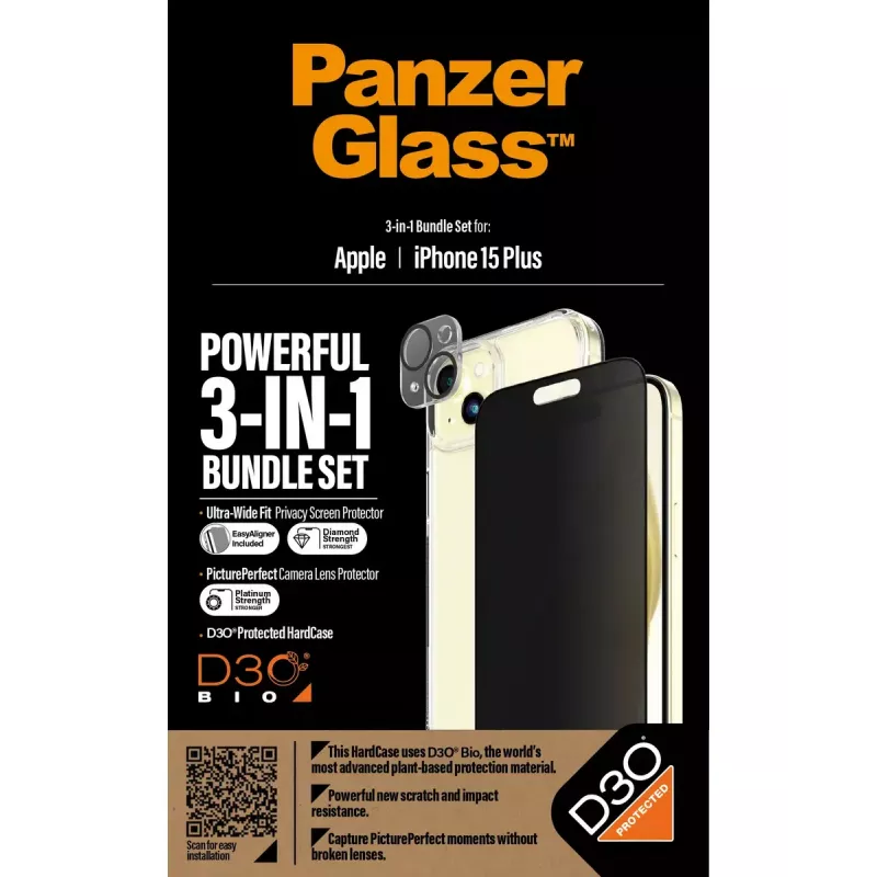 PanzerGlass Privacy 3-in-1 komplekts iPhone 15 Plus rūdītais stikls