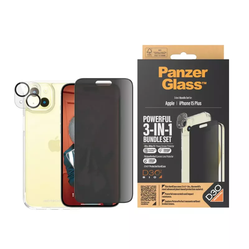 PanzerGlass Privacy 3-in-1 komplekts iPhone 15 Plus rūdītais stikls